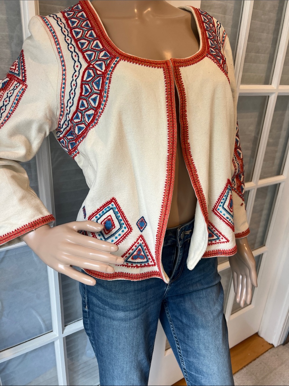 Embroidered Cream Open-Front Jacket with Red Trim